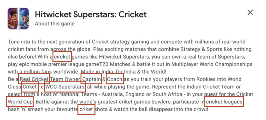 A ridiculous Play Store description for a popular cricket
game